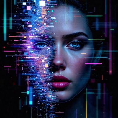 The primary subject of the image is a woman with blue eyes. She is the main focus of the image, and her eyes are the most prominent feature. The setting is a dark background, which contrasts with the woman's blue eyes. The visual style is a digital art or illustration, as the woman's face is depicted with a mix of colors and patterns. The overall atmosphere is one of beauty and intrigue, as the woman's eyes are the main point of interest in the image.